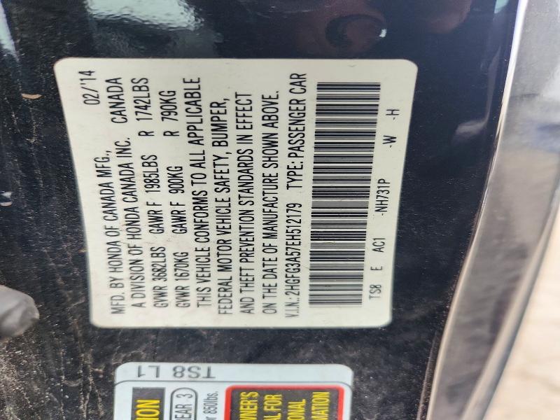 Auction sale of the 2014 Honda Civic, vin: 2HGFG3A57EH512179, lot number: 72423676