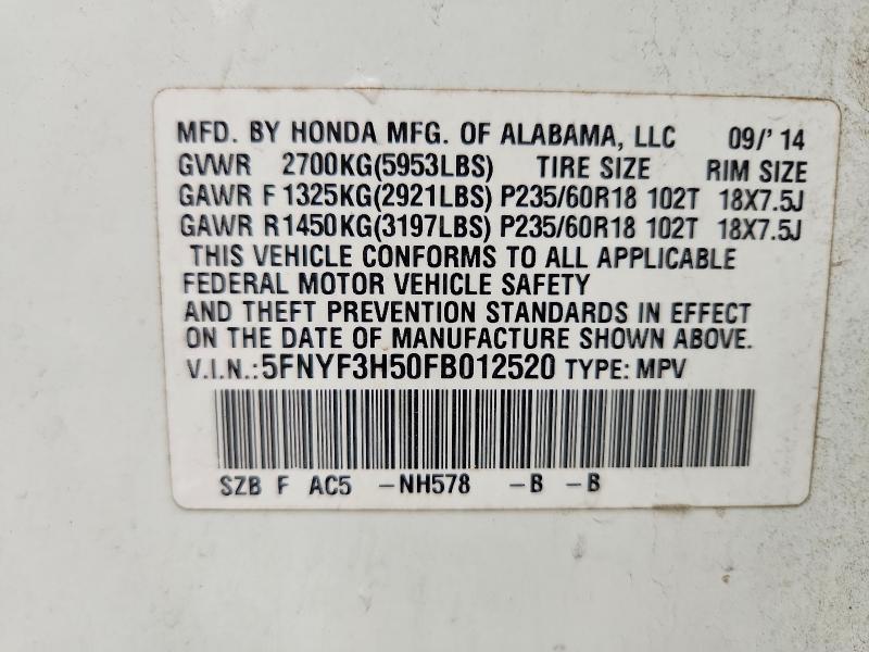 2015 Honda Pilot მანქანა იყიდება აუქციონზე, vin: 5FNYF3H50FB012520, აუქციონის ნომერი: 70996776