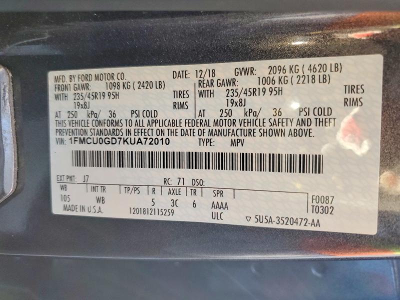 Продажа на аукционе авто 2019 Ford Escape, vin: 1FMCU0GD7KUA72010, номер лота: 70925856