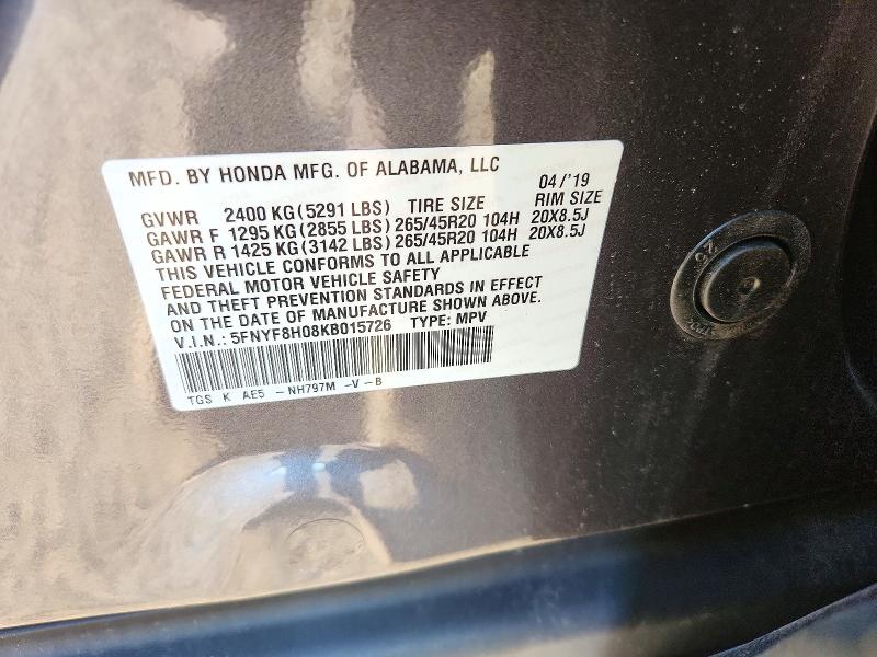 72187916 :رقم المزاد ، 5FNYF8H08KB015726 vin ، 2019 Honda Passport مزاد بيع