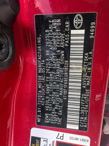 Aukcja sprzedaży 2014 Toyota Camry, vin: 4T1BF1FK8EU818528, numer aukcji: 72250746