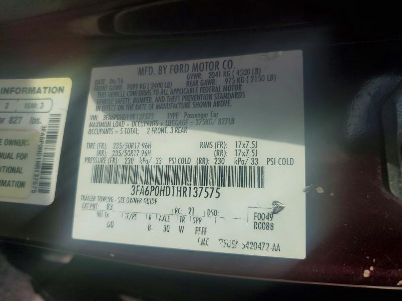 Продаж на аукціоні авто 2017 Ford Fusion, vin: 3FA6P0HD1HR137575, номер лоту: 72175056