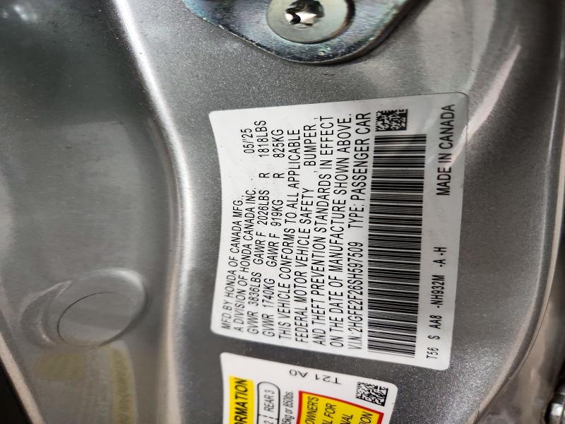 2025 Honda Civic მანქანა იყიდება აუქციონზე, vin: 2HGFE2F26SH597509, აუქციონის ნომერი: 72360416