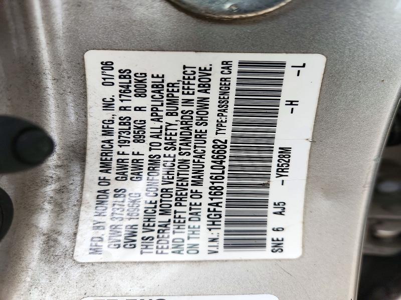 Aukcja sprzedaży 2006 Honda Civic, vin: 1HGFA16816L046682, numer aukcji: 72421206