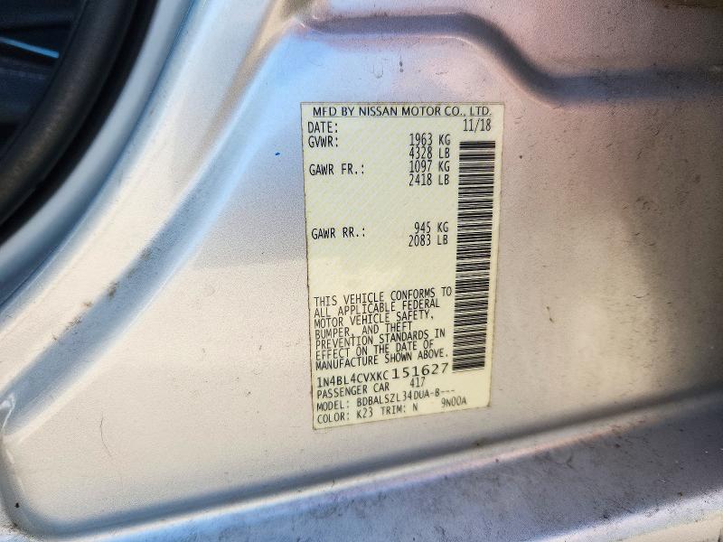 72154436 :رقم المزاد ، 1N4BL4CVXKC151627 vin ، 2019 Nissan Altima مزاد بيع