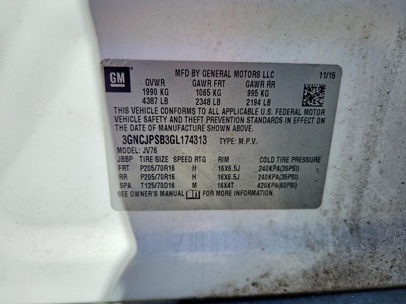 2016 Chevrolet Trax მანქანა იყიდება აუქციონზე, vin: 3GNCJPSB3GL174313, აუქციონის ნომერი: 70914616