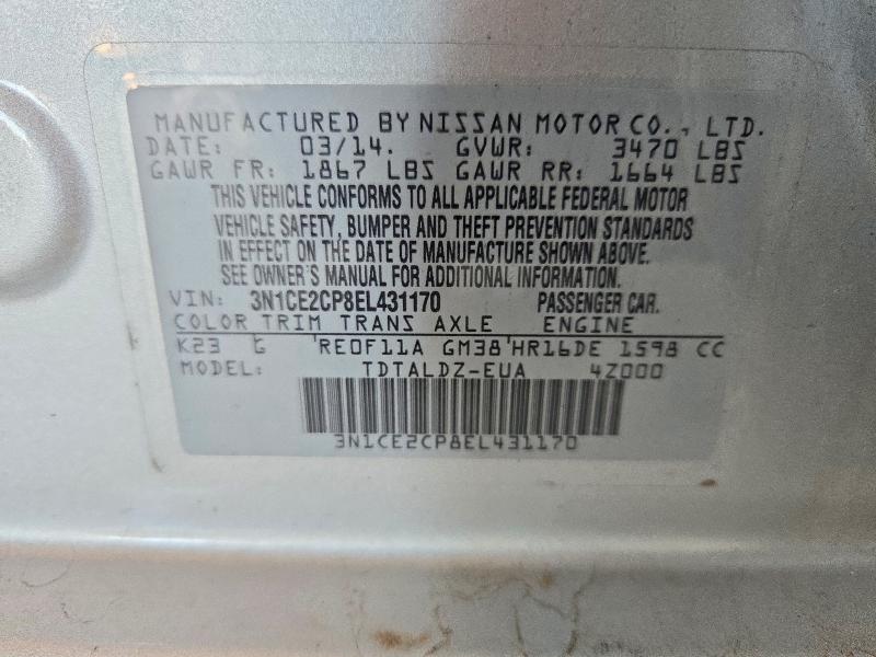 2014 Nissan Versa Note მანქანა იყიდება აუქციონზე, vin: 3N1CE2CP8EL431170, აუქციონის ნომერი: 70898956