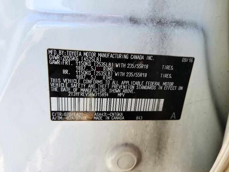 2017 Toyota Rav4 მანქანა იყიდება აუქციონზე, vin: 2T3YFREV5HW315894, აუქციონის ნომერი: 72223476