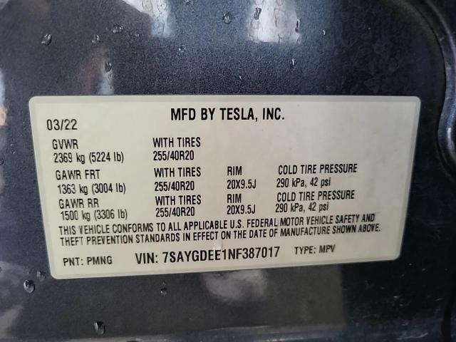73190806 :رقم المزاد ، 7SAYGDEE1NF387017 vin ، 2022 Tesla Model Y مزاد بيع