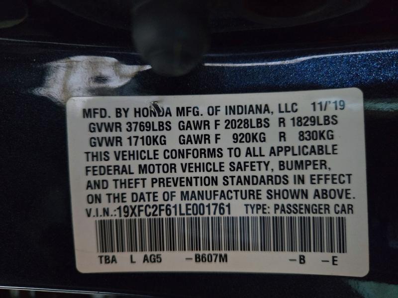 2020 Honda Civic მანქანა იყიდება აუქციონზე, vin: 19XFC2F61LE001761, აუქციონის ნომერი: 71597856