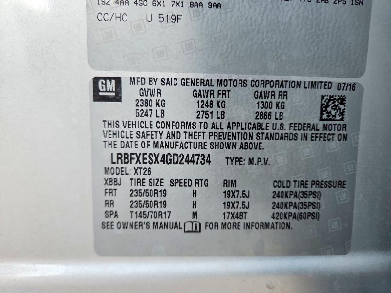 2016 Buick Envision მანქანა იყიდება აუქციონზე, vin: LRBFXESX4GD244734, აუქციონის ნომერი: 70603236