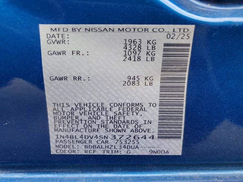 2025 Nissan Altima მანქანა იყიდება აუქციონზე, vin: 1N4BL4DV4SN372644, აუქციონის ნომერი: 71485656