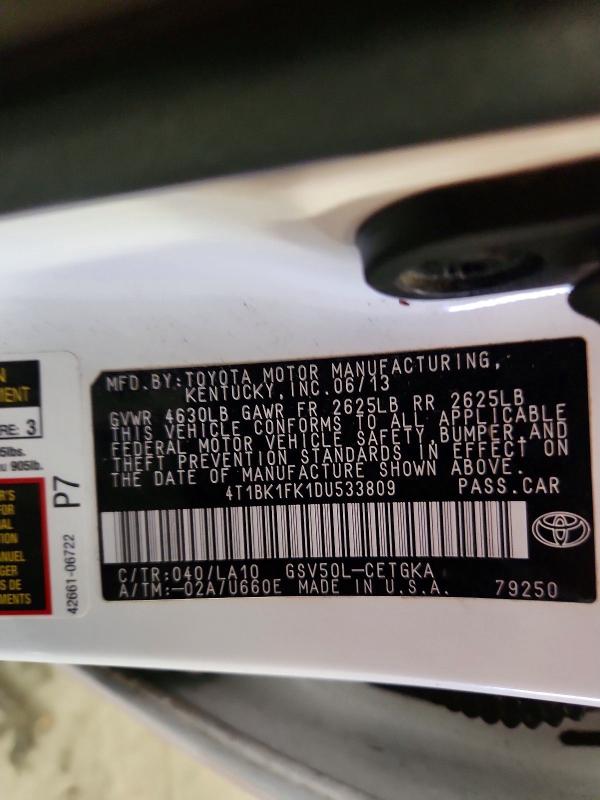 71621606 :رقم المزاد ، 4T1BK1FK1DU533809 vin ، 2013 Toyota Camry مزاد بيع