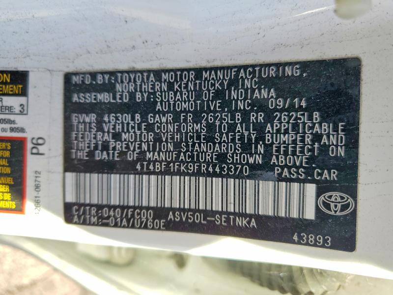 2015 Toyota Camry მანქანა იყიდება აუქციონზე, vin: 4T4BF1FK9FR443370, აუქციონის ნომერი: 71610536