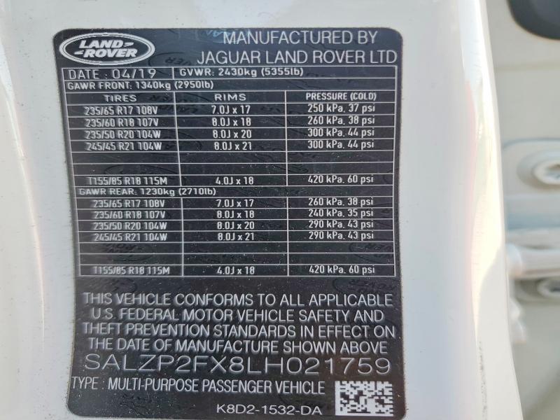 Aukcja sprzedaży 2020 Land Rover Range Rover Evoque, vin: SALZP2FX8LH021759, numer aukcji: 59411446