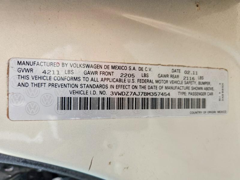 2011 Volkswagen Jetta მანქანა იყიდება აუქციონზე, vin: 3VWDZ7AJ7BM357454, აუქციონის ნომერი: 71488276
