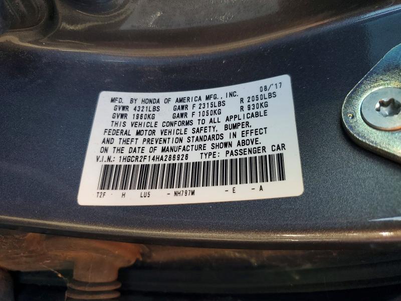 2017 Honda Accord მანქანა იყიდება აუქციონზე, vin: 1HGCR2F14HA286926, აუქციონის ნომერი: 71259776