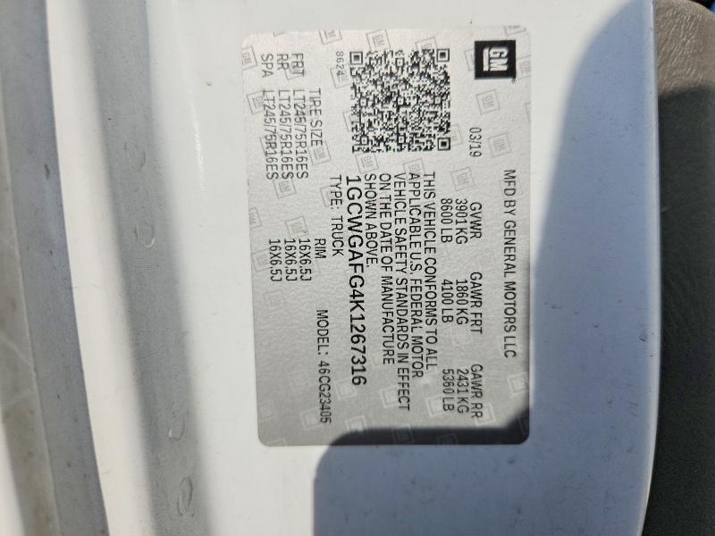 Aukcja sprzedaży 2019 Chevrolet Express 2500, vin: 1GCWGAFG4K1267316, numer aukcji: 70598926