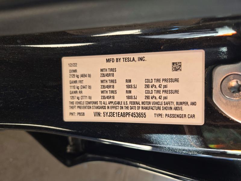 2023 Tesla Model 3 მანქანა იყიდება აუქციონზე, vin: 5YJ3E1EA8PF453655, აუქციონის ნომერი: 71427696