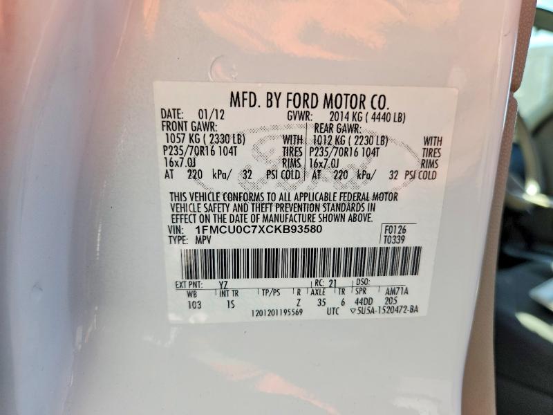 2012 Ford Escape მანქანა იყიდება აუქციონზე, vin: 1FMCU0C7XCKB93580, აუქციონის ნომერი: 71462146