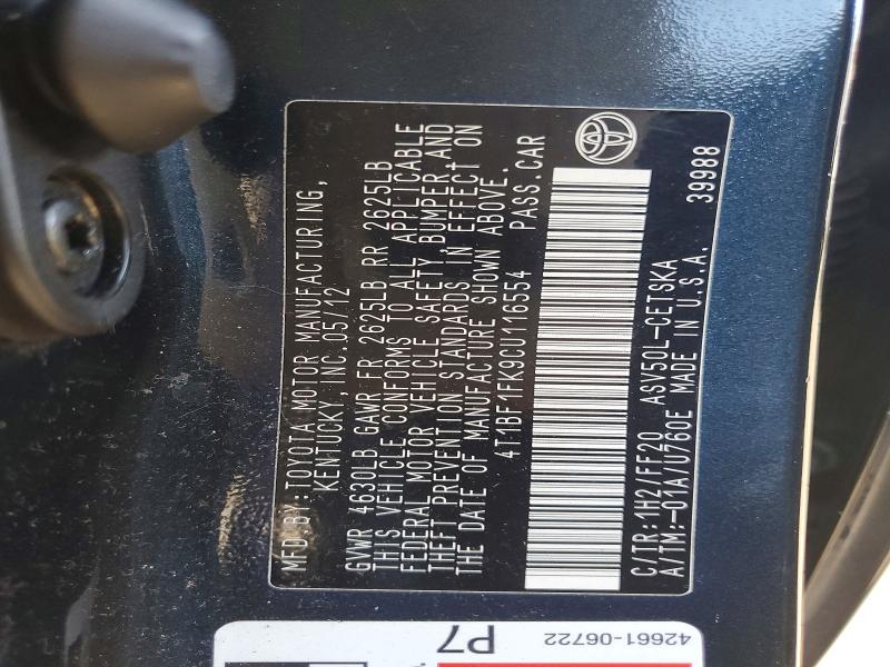 71836166 :رقم المزاد ، 4T1BF1FK9CU116554 vin ، 2012 Toyota Camry مزاد بيع