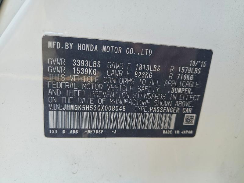 2016 Honda Fit მანქანა იყიდება აუქციონზე, vin: JHMGK5H53GX008048, აუქციონის ნომერი: 72165036