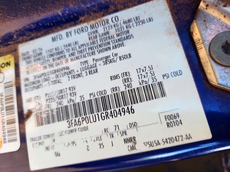 Продаж на аукціоні авто 2016 Ford Fusion, vin: 3FA6P0LU1GR404946, номер лоту: 70433916