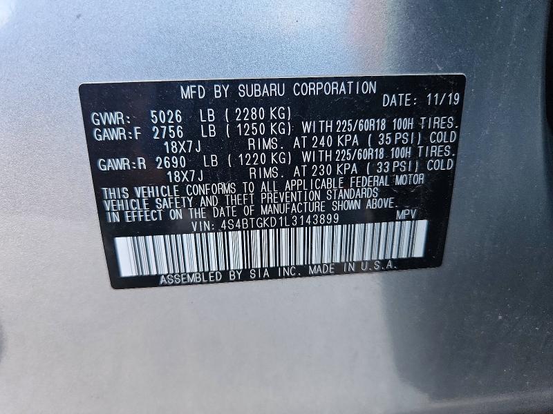 Aukcja sprzedaży 2020 Subaru Outback, vin: 4S4BTGKD1L3143899, numer aukcji: 72384796