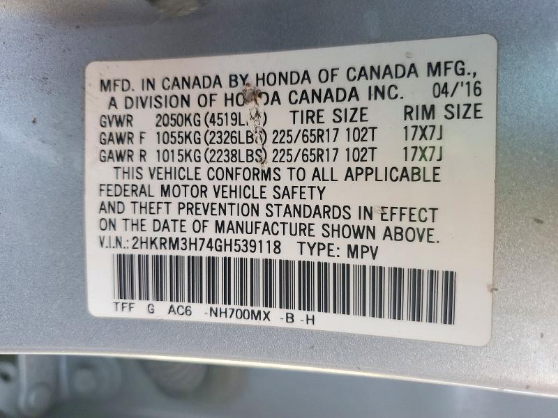 Aukcja sprzedaży 2016 Honda Cr-v, vin: 2HKRM3H74GH539118, numer aukcji: 72914476
