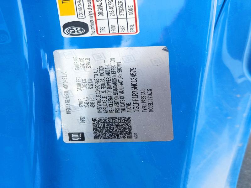 72196736 :رقم المزاد ، 1G1FF1R75N0134579 vin ، 2022 Chevrolet Camaro مزاد بيع
