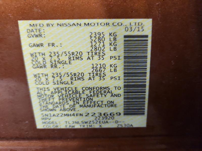 68575826 :رقم المزاد ، 5N1AZ2MH4FN223669 vin ، 2015 Nissan Murano مزاد بيع