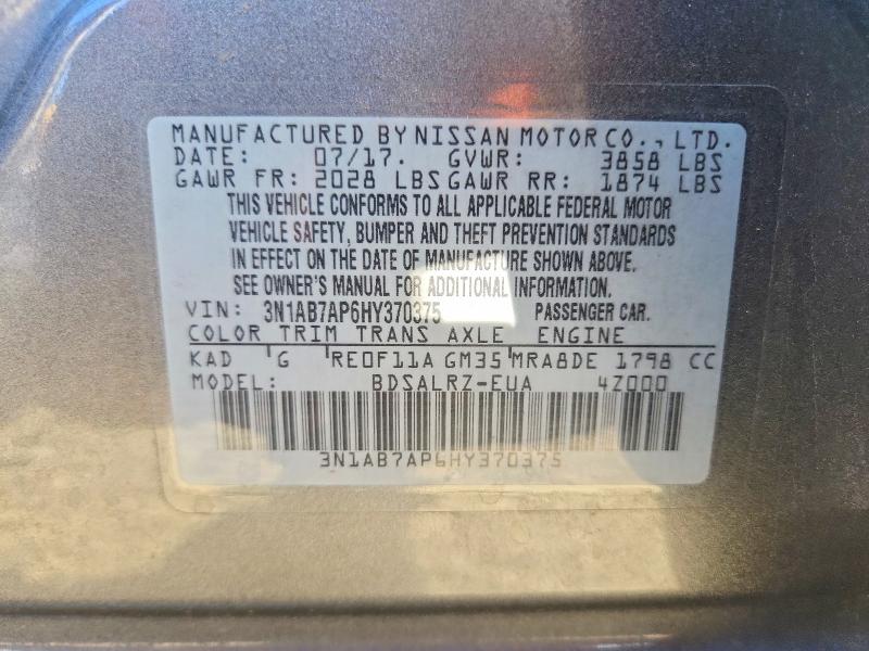 71958066 :رقم المزاد ، 3N1AB7AP6HY370375 vin ، 2017 Nissan Sentra مزاد بيع