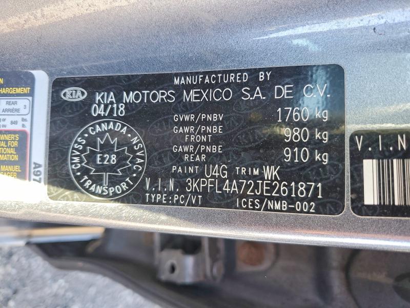 71646196 :رقم المزاد ، 3KPFL4A72JE261871 vin ، 2018 Kia Forte مزاد بيع