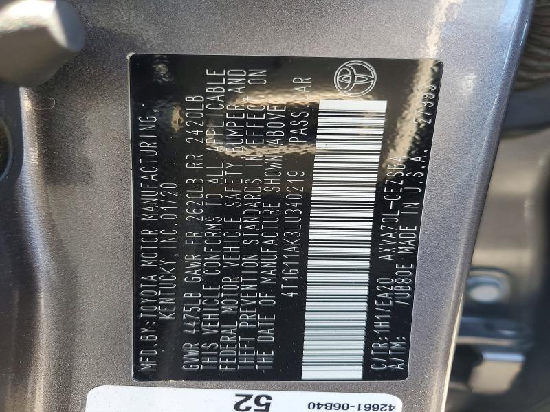 2020 Toyota Camry მანქანა იყიდება აუქციონზე, vin: 4T1G11AK3LU340219, აუქციონის ნომერი: 71831476