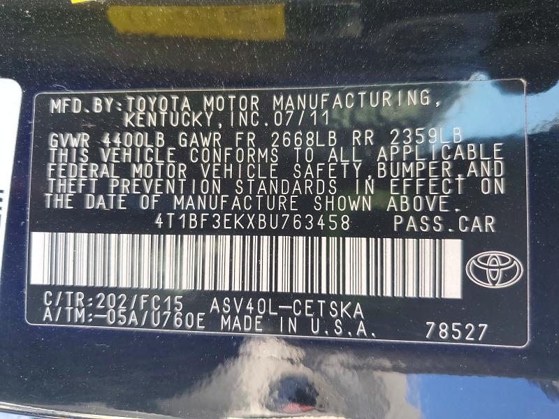 Aukcja sprzedaży 2011 Toyota Camry, vin: 4T1BF3EKXBU763458, numer aukcji: 72934746