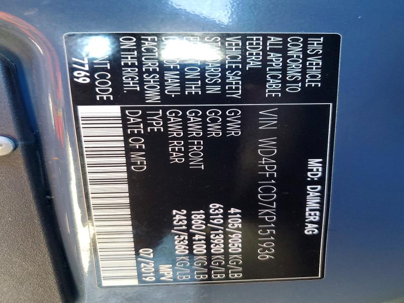 72097206 :رقم المزاد ، WD4PF1CD7KP151936 vin ، 2019 Mercedes-benz Sprinter مزاد بيع