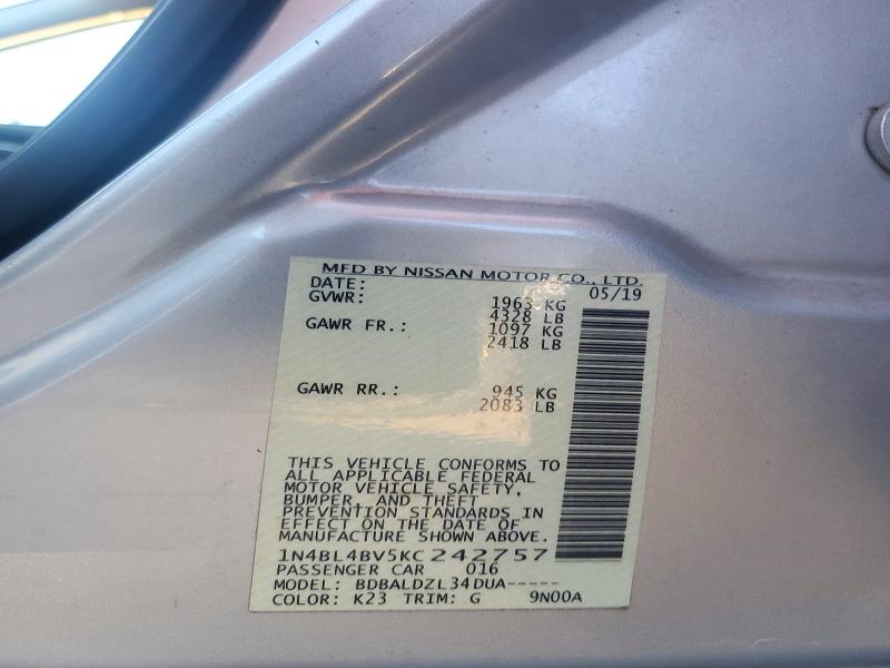 Auction sale of the 2019 Nissan Altima, vin: 1N4BL4BV5KC242757, lot number: 71494296