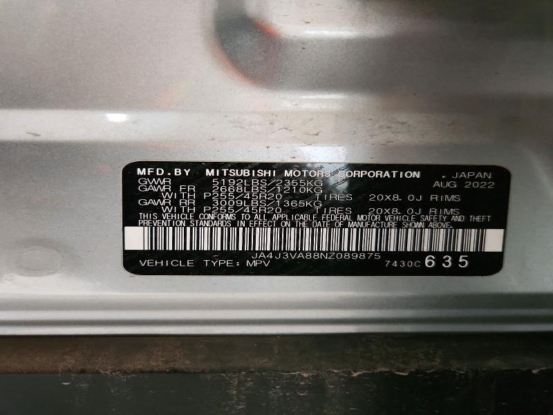 74042746 :رقم المزاد ، JA4J3VA88NZ089875 vin ، 2022 Mitsubishi Outlander مزاد بيع