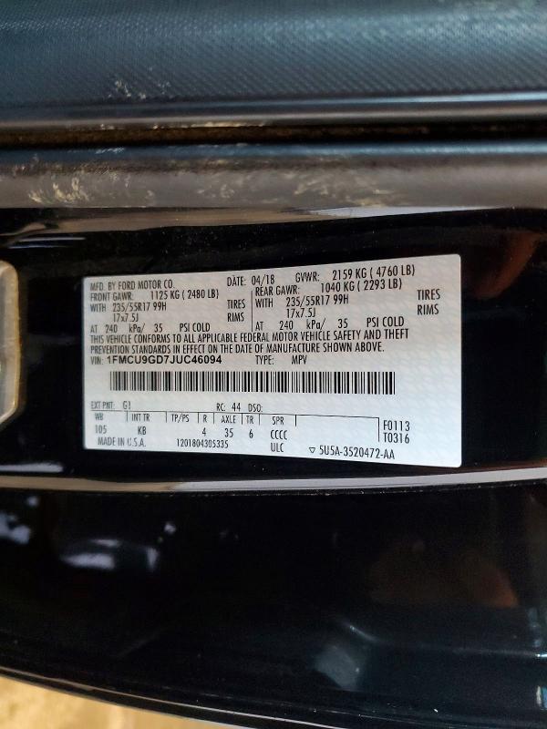 70946466 :رقم المزاد ، 1FMCU9GD7JUC46094 vin ، 2018 Ford Escape مزاد بيع