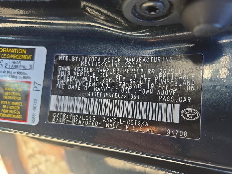 2014 Toyota Camry მანქანა იყიდება აუქციონზე, vin: 4T1BF1FK6EU791961, აუქციონის ნომერი: 71943996
