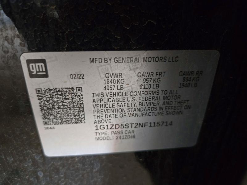 72513866 :رقم المزاد ، 1G1ZD5ST2NF115714 vin ، 2022 Chevrolet Malibu مزاد بيع