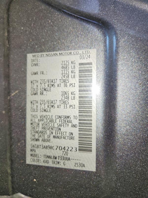 2024 Nissan Rogue მანქანა იყიდება აუქციონზე, vin: 5N1BT3AB9RC704223, აუქციონის ნომერი: 71455246