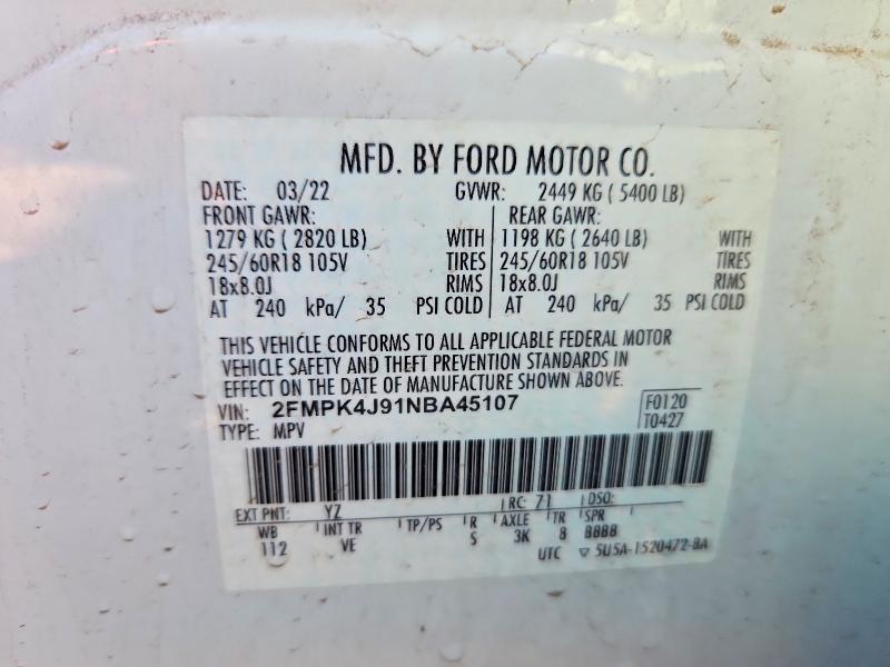 71230036 :رقم المزاد ، 2FMPK4J91NBA45107 vin ، 2022 Ford Edge مزاد بيع