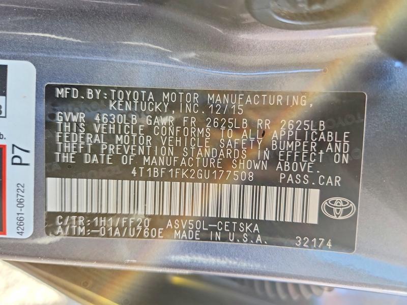 2016 Toyota Camry მანქანა იყიდება აუქციონზე, vin: 4T1BF1FK2GU177508, აუქციონის ნომერი: 71970706