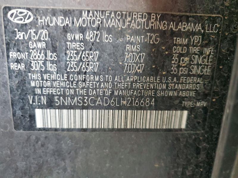 Продажа на аукционе авто 2020 Hyundai Santa Fe, vin: 5NMS3CAD6LH216684, номер лота: 72161856