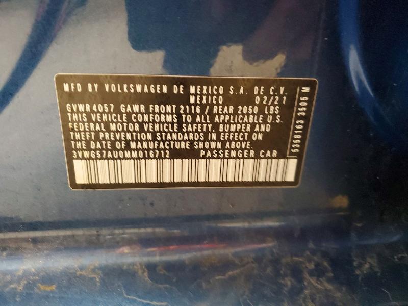 2021 Volkswagen Golf მანქანა იყიდება აუქციონზე, vin: 3VWG57AU0MM016712, აუქციონის ნომერი: 70788736