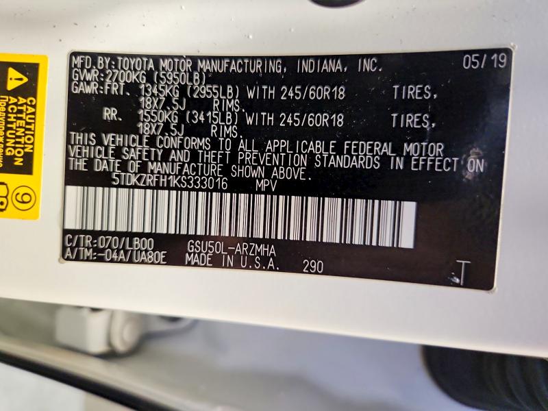 Aukcja sprzedaży 2019 Toyota Highlander, vin: 5TDKZRFH1KS333016, numer aukcji: 70788206