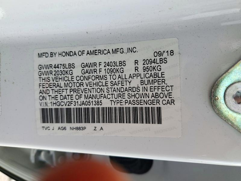 Продажа на аукционе авто 2018 Honda Accord, vin: 1HGCV2F31JA051385, номер лота: 72570816