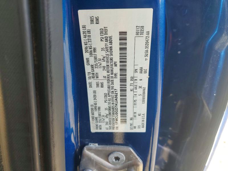72402826 :رقم المزاد ، 1FMCU0GD7KUA06217 vin ، 2019 Ford Escape مزاد بيع