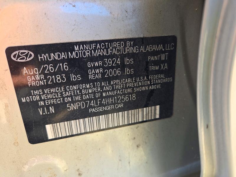 72171176 :رقم المزاد ، 5NPD74LF4HH125618 vin ، 2017 Hyundai Elantra مزاد بيع
